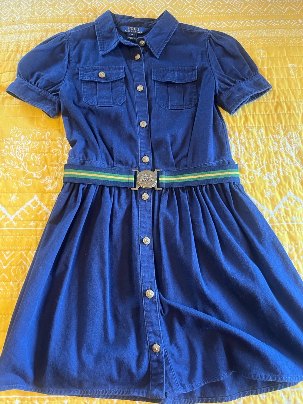 Polo by Ralph Lauren Navy Blue Button-Front Shirt Dress with Striped Belt